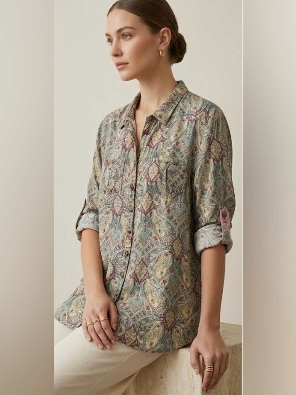 Aratta Silent Journey Paisley Floral Embroidered Button Down Tunic Top Medium
